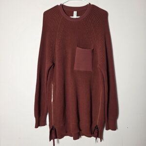 Varley Matteson Pullover Russet Rib Knit Sweatshirt Zip Hem Pocket Small